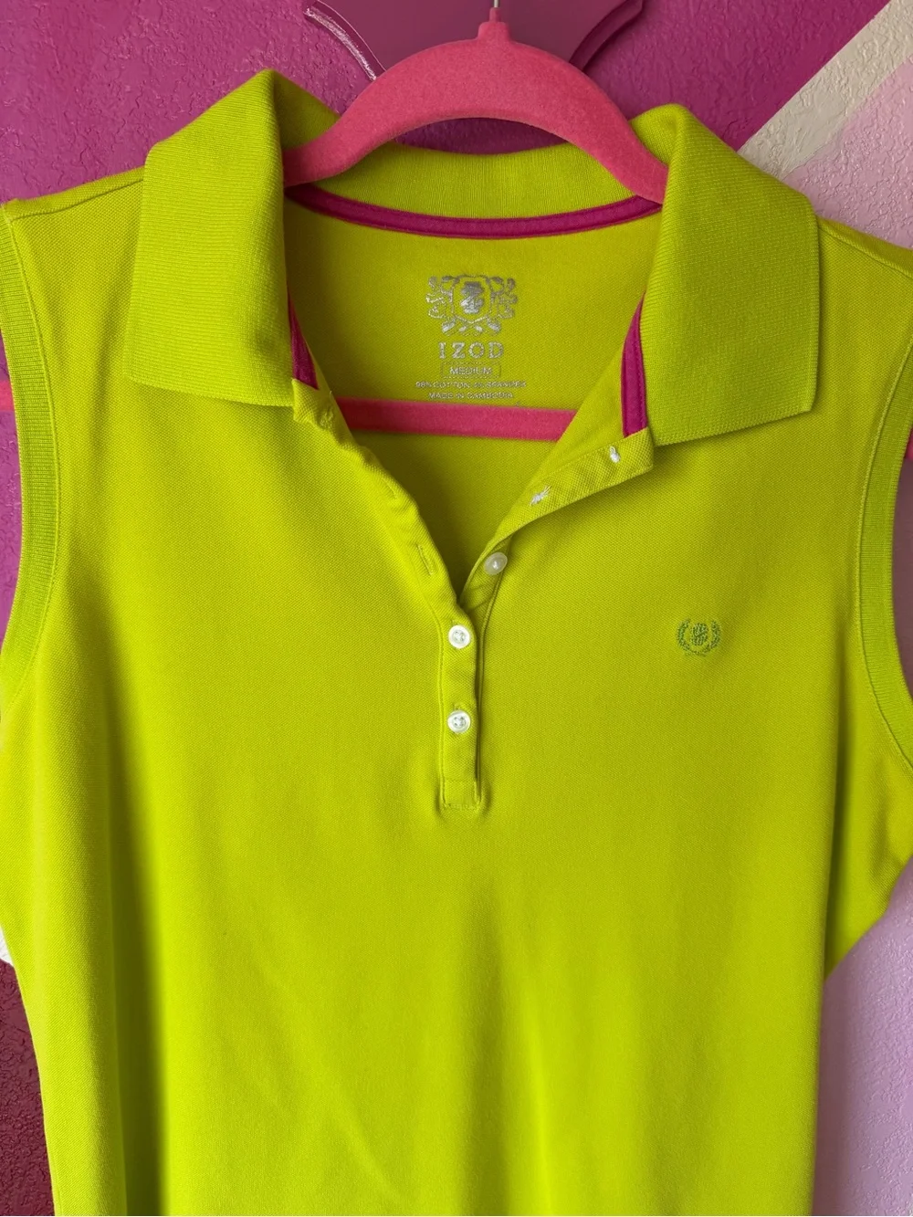 Izod Sleeveless Polo Sz M Lime Green Pink Trim Cotton Stretch Golf
